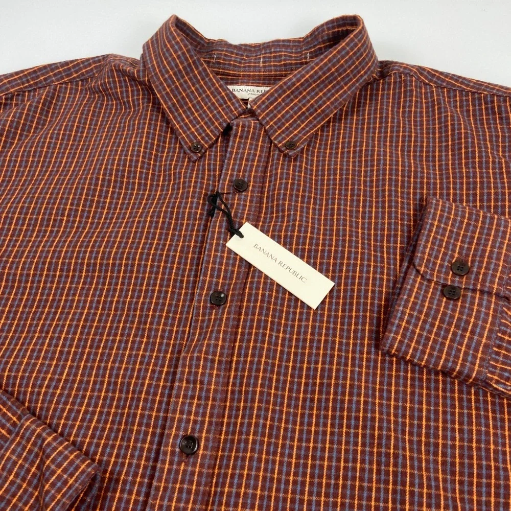 Banana‎ Republic Mens XXL Rust Orange Plaid Flannel Button Down Shirt NEW